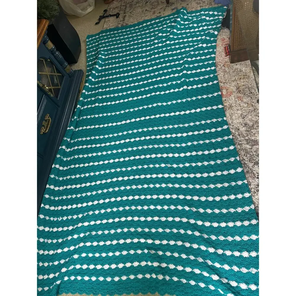 Handmade afghan crochet granny blanket teal turquoise and white stripe scalloped